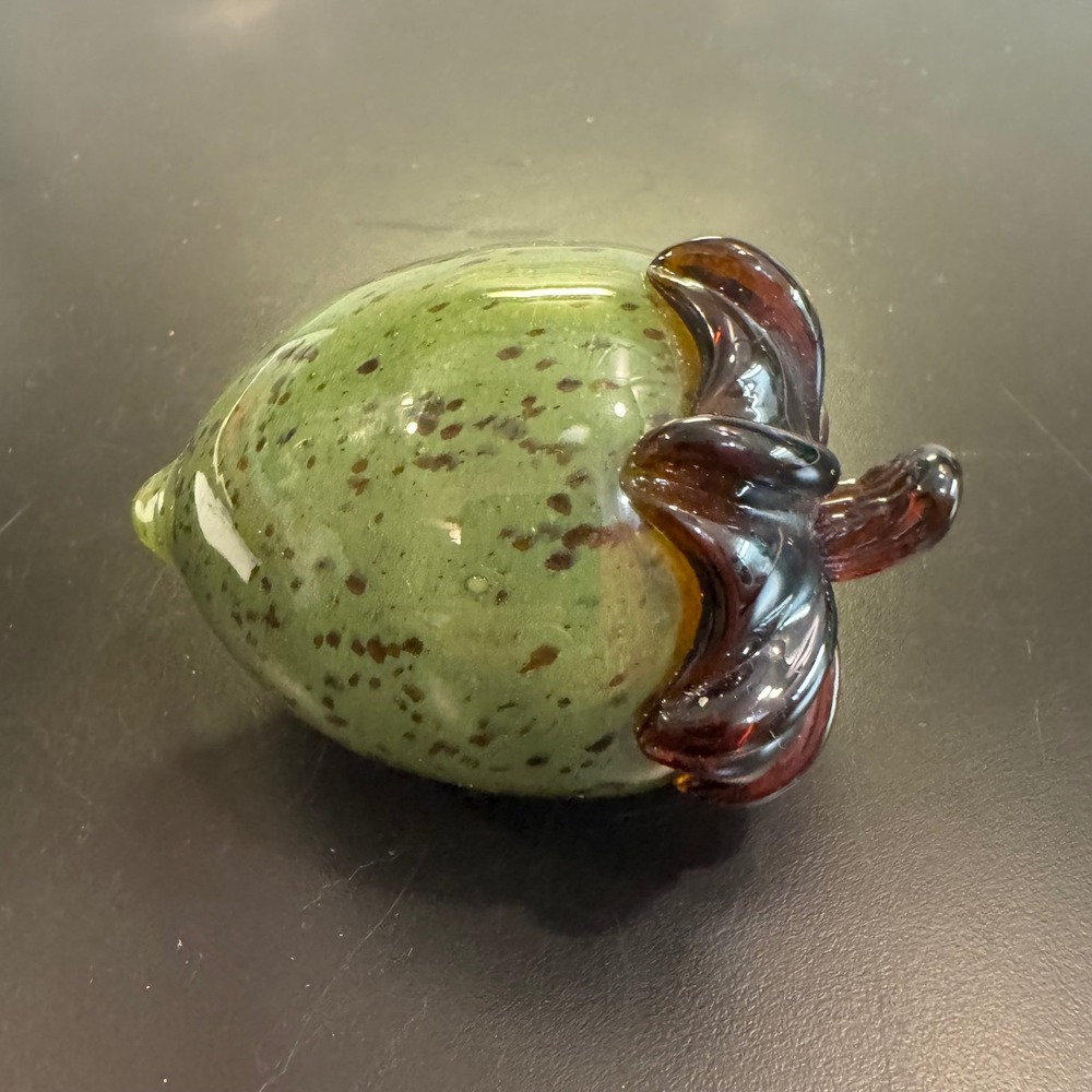 Art Glass Strawberry Paperweight Small Green Brown Speckled Hand Blown Decor